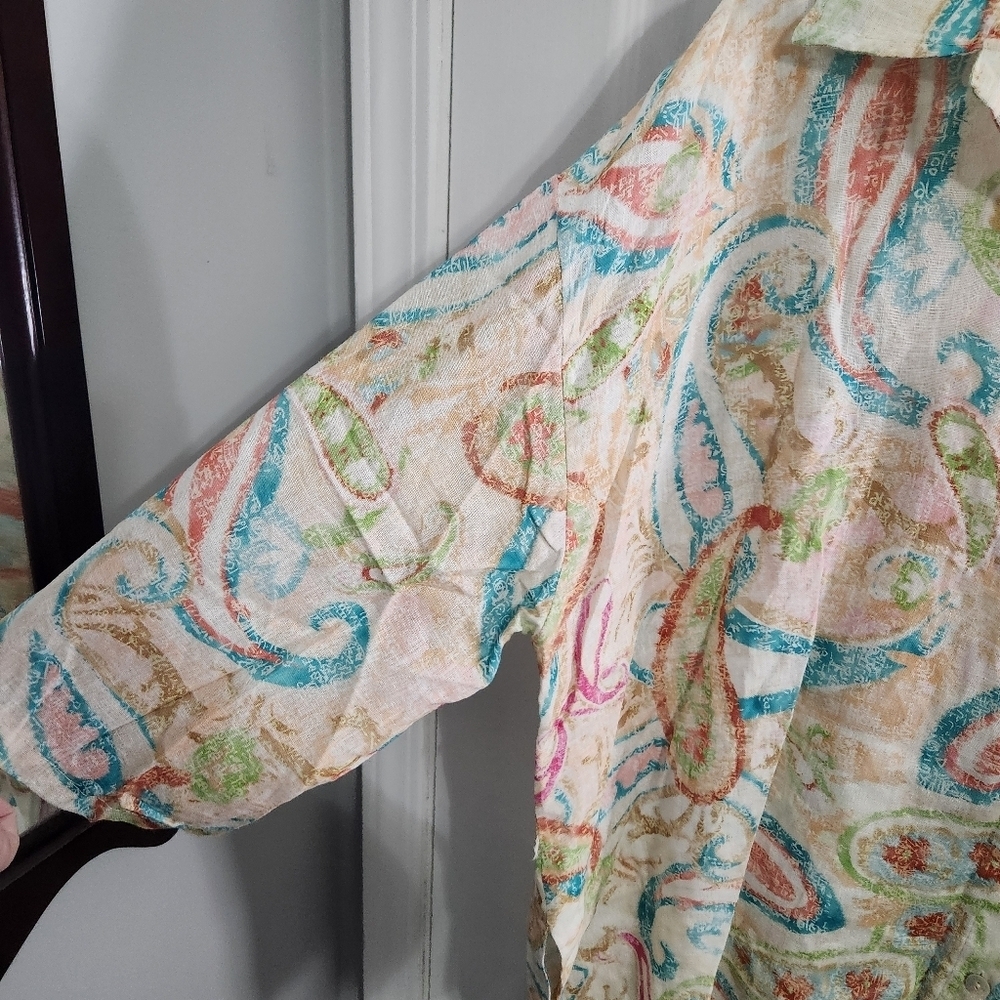 NWT Itallian 100% Linen beachy island button up shirt coastal paisley artsy OS - Picture 5 of 12